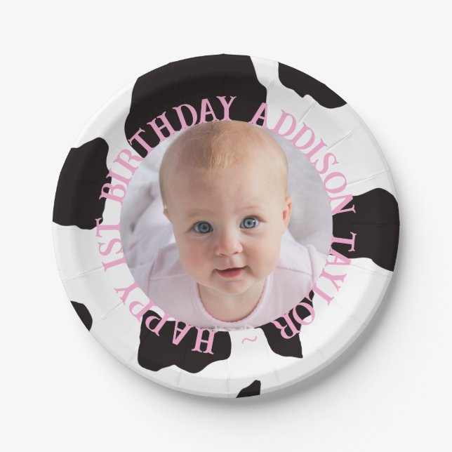 Assiettes En Carton Light Pink Photo Cow Print Cute Birthday (Devant)