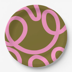 Assiettes En Carton Ligne Abstraite Rose Et Vert Olive