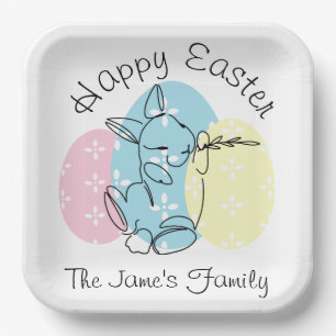 Assiettes En Carton Ligne d'art minimaliste de lapin oeufs de Pâques p