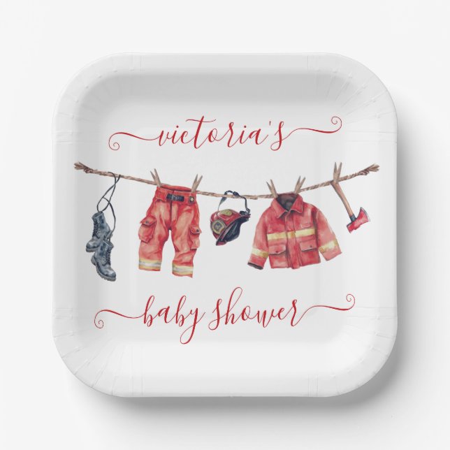 Assiettes En Carton Ligne de Baby shower de petit pompier (Recto)
