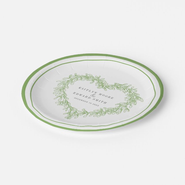 Assiettes En Carton Ligne de Mistletoe vert blanc mariage d'hiver (Angle)