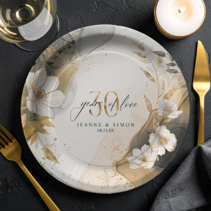 Assiettes En Carton Ligne dorée Floral 30e Anniversaire ID1169