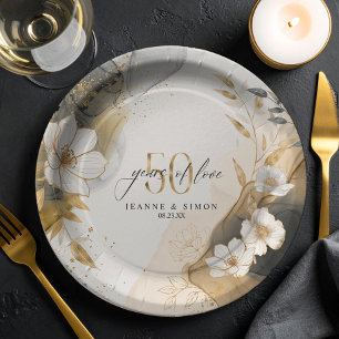 Assiettes En Carton Ligne dorée Floral 50e Anniversaire ID1169