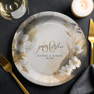 Assiettes En Carton Ligne dorée Floral 60e Anniversaire ID1169