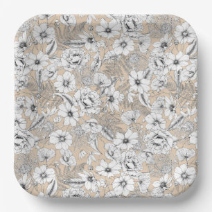 Assiettes En Carton Ligne florale botanique tirant fougères tan beige