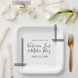 Assiettes En Carton Lignes Abstraites Noir Blanc Mariage moderne