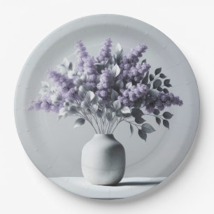 Assiettes En Carton Lilacs et bouquet de feuilles d'argent