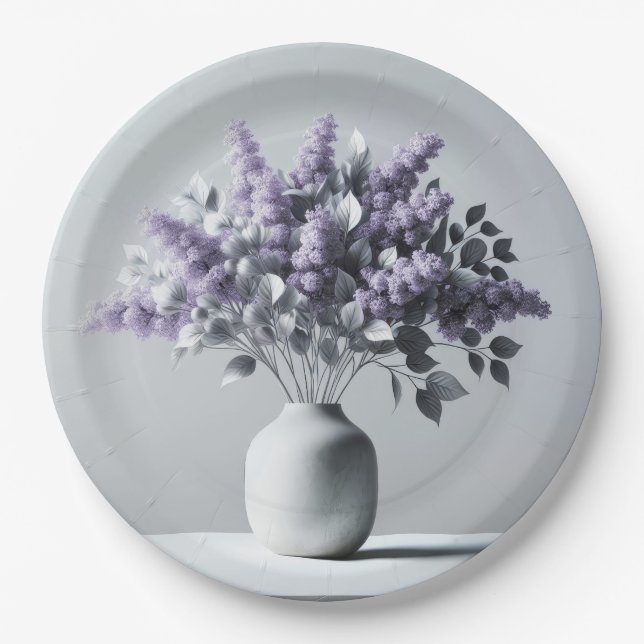 Assiettes En Carton Lilacs et bouquet de feuilles d'argent (Devant)