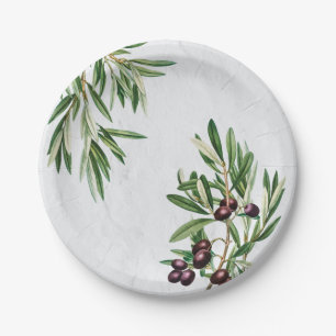 Assiettes En Carton L'île méditerranéenne grecque Feuille d'olive