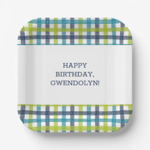 Assiettes En Carton Lime Green, Navy et bleu turquoise Plaid