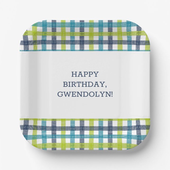 Assiettes En Carton Lime Green, Navy et bleu turquoise Plaid (Recto)