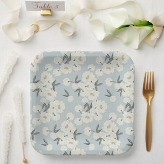 Assiettes En Carton Line Drawn Peony in Cream on Light Blue