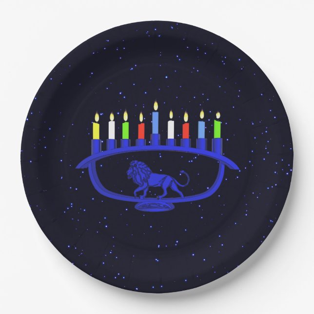 Assiettes En Carton Lion bleu Menorah (Devant)