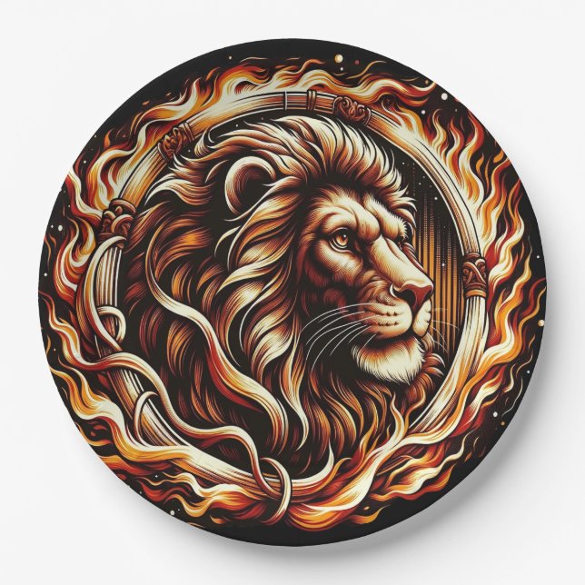 Assiettes En Carton Lion flamboyant en anneau d'astrologie des flammes (Devant)