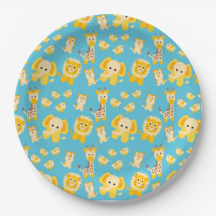 Assiettes En Carton Lions Éléphants Safari animaux bleus jaunes