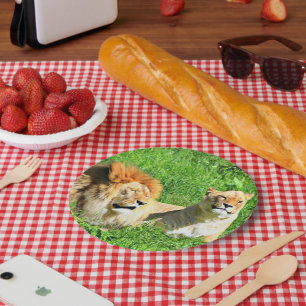 Assiettes En Carton Lions se reposant ensemble sur de l'herbe ensoleil