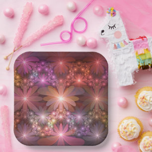 Assiettes En Carton Lit De Fleurs Coloré Brillante Art Fractal Abstrai