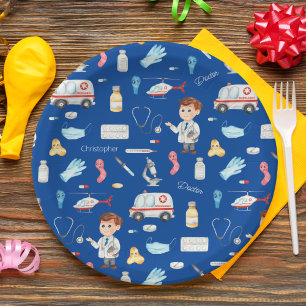 Assiettes En Carton Little Boy Doctor Motif Médicale avec nom, bleu