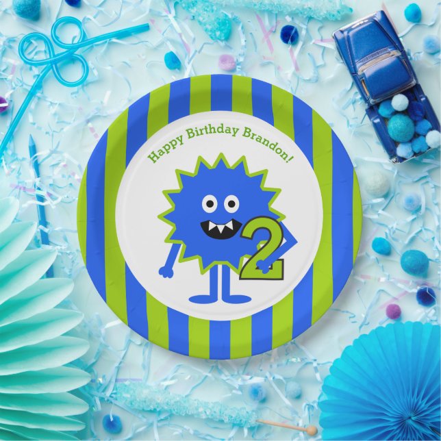 Assiettes En Carton Little Boy Monster 2e anniversaire Blue Green Stri (Fête)