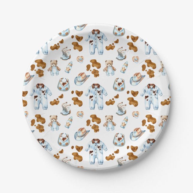 Assiettes En Carton Little Cowboy Clothesline WildWest Boy Baby shower (Devant)