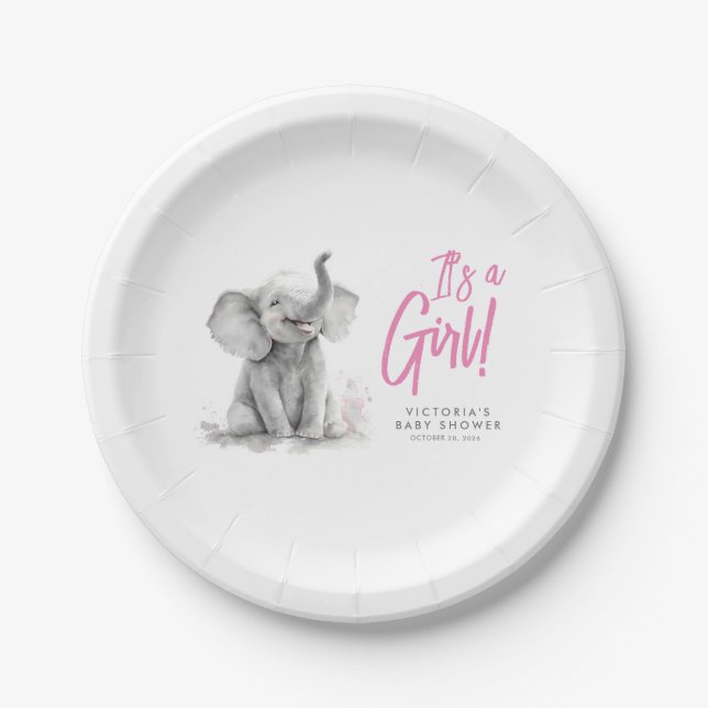 Assiettes En Carton Little Elephant Pink C'est un Baby shower de fille (Devant)
