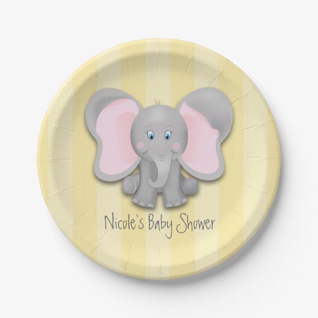 Assiettes En Carton Little Elephant Yellow Baby shower Party (Devant)