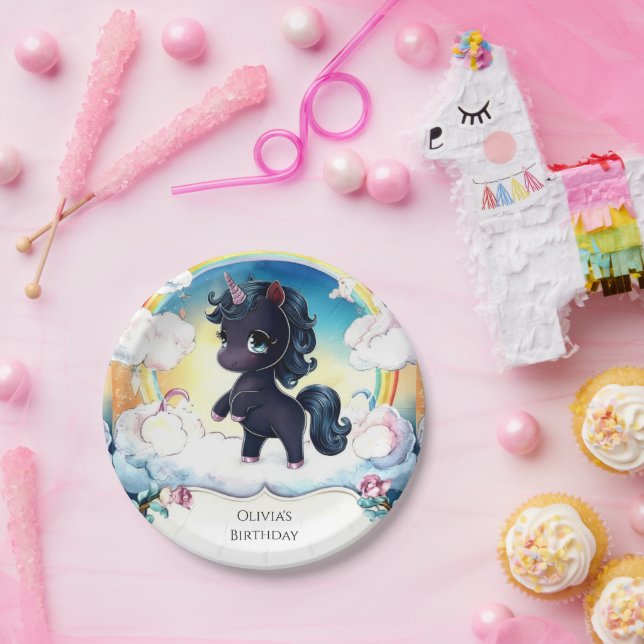 Assiettes En Carton Little Joyful Black Unicorn Anniversaire (Fête)