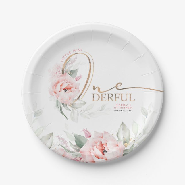 Assiettes En Carton Little Miss Onederful rose Floral 1er anniversaire (Devant)