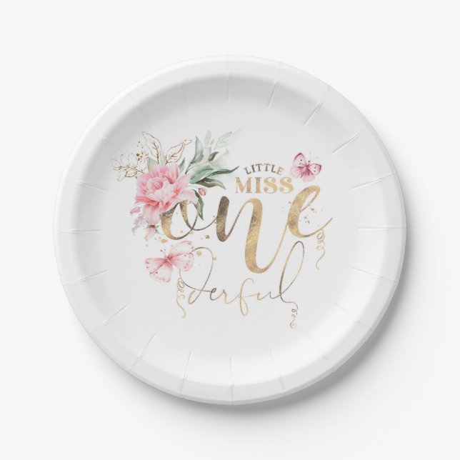 Assiettes En Carton Little Miss Onederful rose Floral 1er anniversaire (Devant)