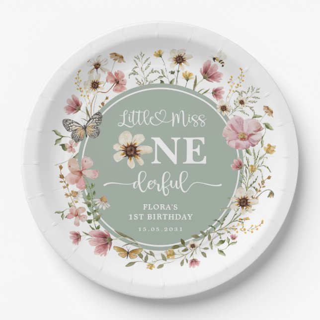 Assiettes En Carton Little Miss ONEderful Sage Green Parti Fleur sauva (Devant)