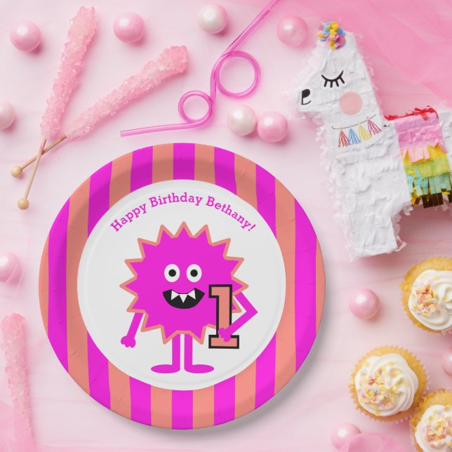 Assiettes En Carton Little Monster Girl 1er Anniversaire Pink Stripes  (Fête)