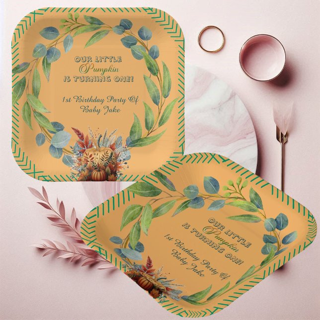 Assiettes En Carton Little Pumpkin Greenery Wreath Fall Pumpkin Peach  (Little Pumpkin Greenery Wreath Fall Pumpkin Peach Paper Plates)