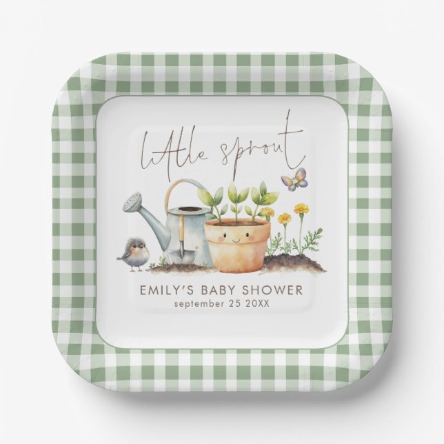 Assiettes En Carton Little Sprout Sage Gingham Garden Baby Shower  (Recto)