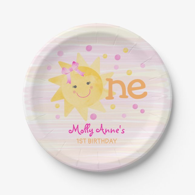 Assiettes En Carton Little Sunshine 1er anniversaire fille rose jaune (Devant)