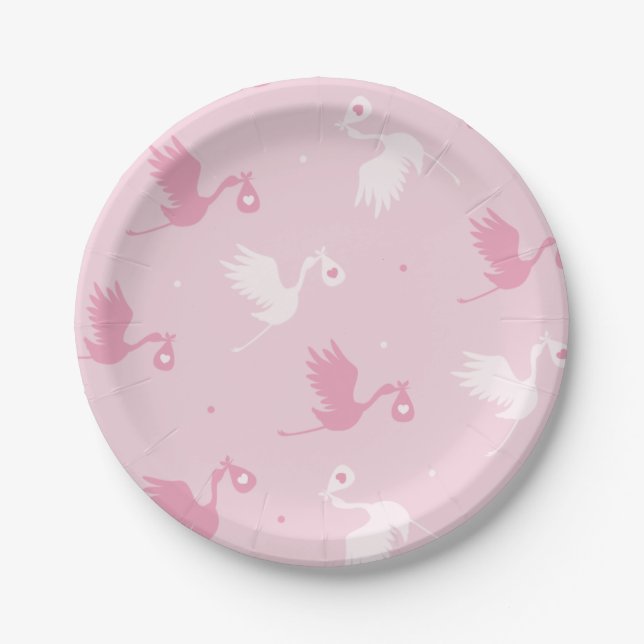 Assiettes En Carton Livraison de la cigogne rose et blanc fille Baby s (Devant)