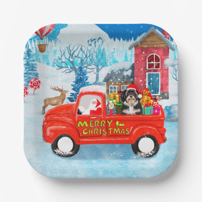 Assiettes En Carton Livraison de Noël de chien Havanais Camion neige (Recto)