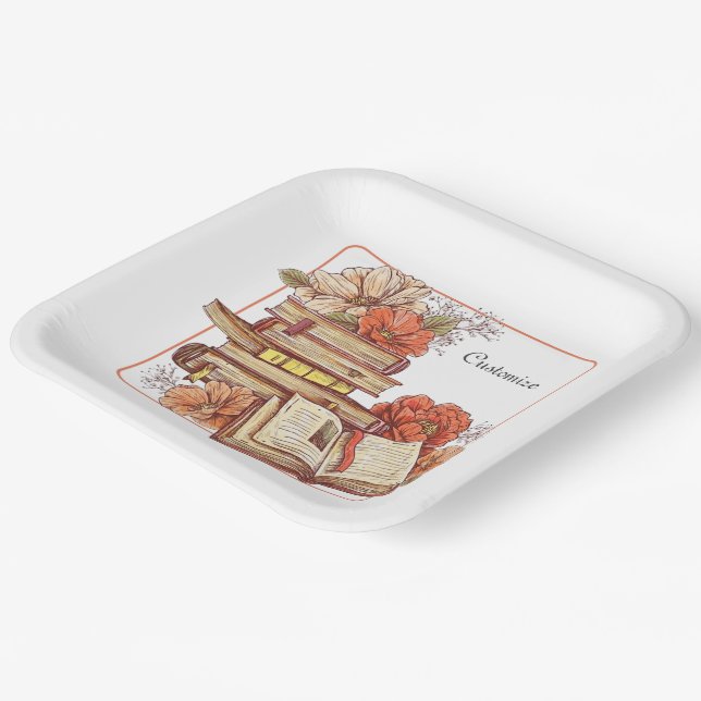Assiettes En Carton Livres Et Fleurs Carré (Angulaire)