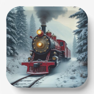 Assiettes En Carton Locomotive à vapeur vintage hiver