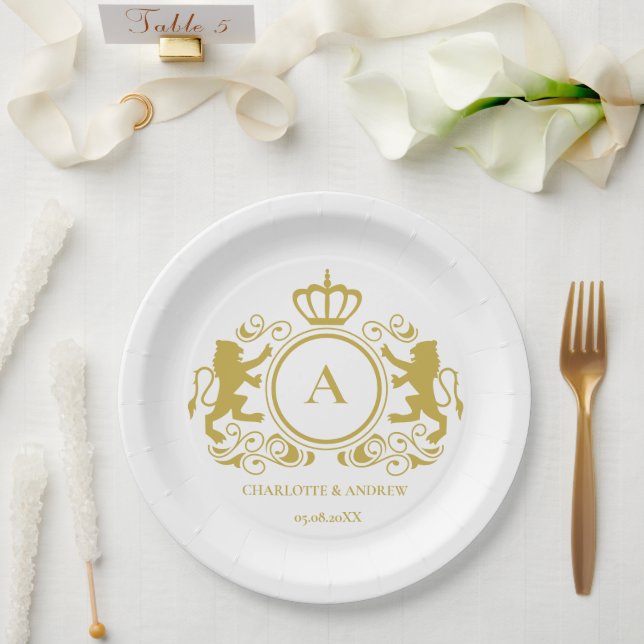 Assiettes En Carton Logo personnalisé Monogramme Armoiries Lions (Mariage)