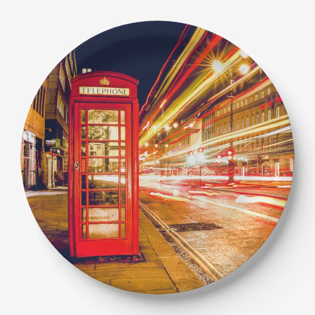 Assiettes En Carton Londres la nuit avec la cabine téléphonique rouge (Devant)