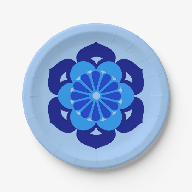 Assiettes En Carton Lotus Flower Mandala, Indigo et bleu clair (Devant)