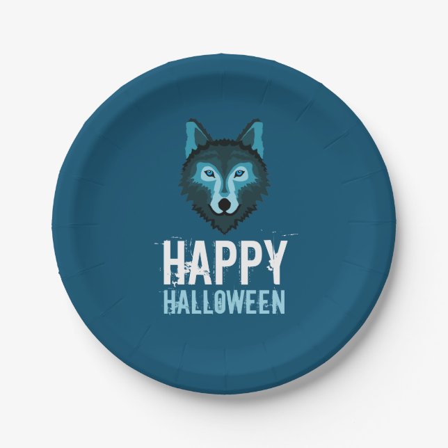 Assiettes En Carton Loup Bleu, Bonne Halloween (Devant)