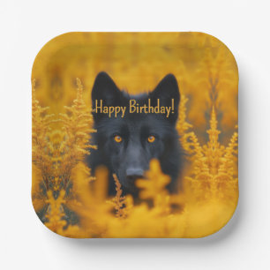 Assiettes En Carton Loup de chien noir aux yeux d'or Joyeux anniversai