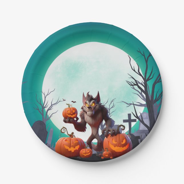 Assiettes En Carton loup-garou et citrouilles d'Halloween (Devant)