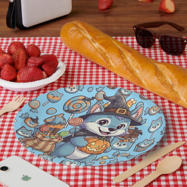 Assiettes En Carton Loup mignon avec bonbon Éffrayant pour Halloween (Pique-nique)