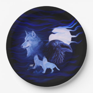 Assiettes En Carton Loups et corbeau avec pleine lune
