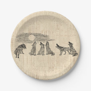 Assiettes En Carton Loups hurlant à la lune Vintage Wolf Art