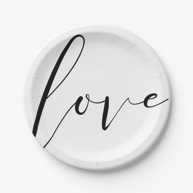 Assiettes En Carton LOVE Black White Typographie moderne Mariage (Devant)
