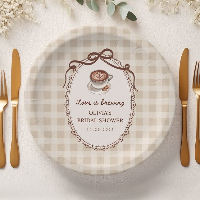 Assiettes En Carton Love is Brewing Gingham Coffee Bridal Shower (Créateur téléchargé)