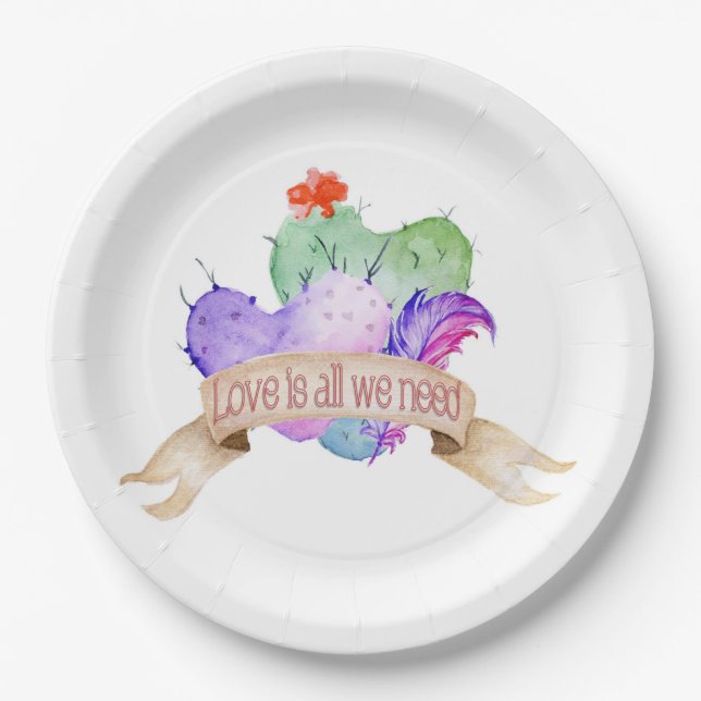 Assiettes En Carton Love Watercolor Cactus (Devant)